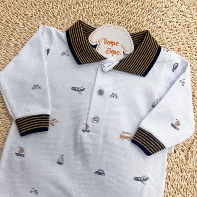 Macacão Curto com Manga Longa Piquet com Gola Polo Barquinhos - Off White e Marinho